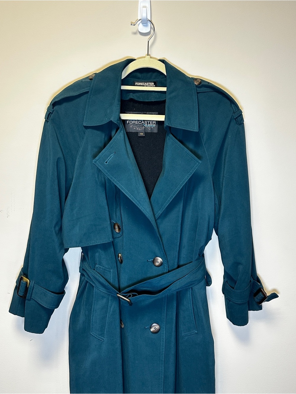 Vintage Forecaster of Boston Teal Trench Coat Belted Size 7/8 Petite Made USA